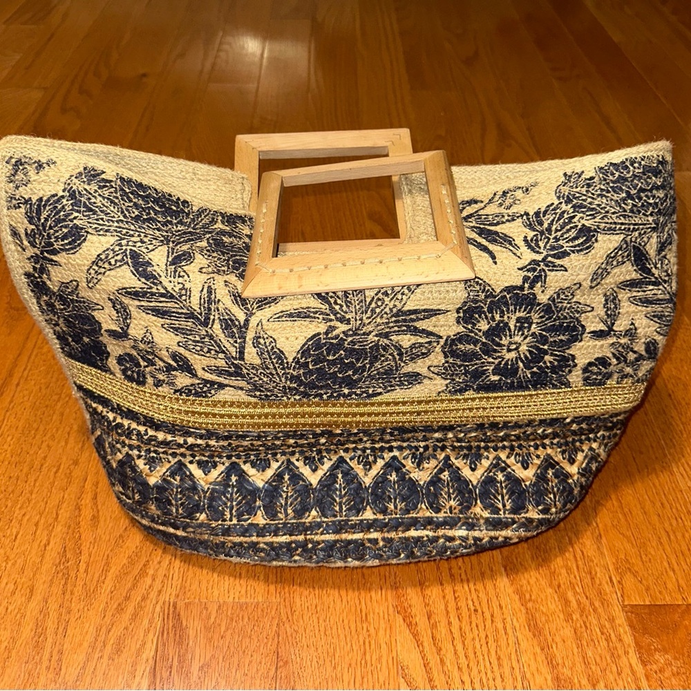 Floral Patterned Tan and Blue Women's Bag